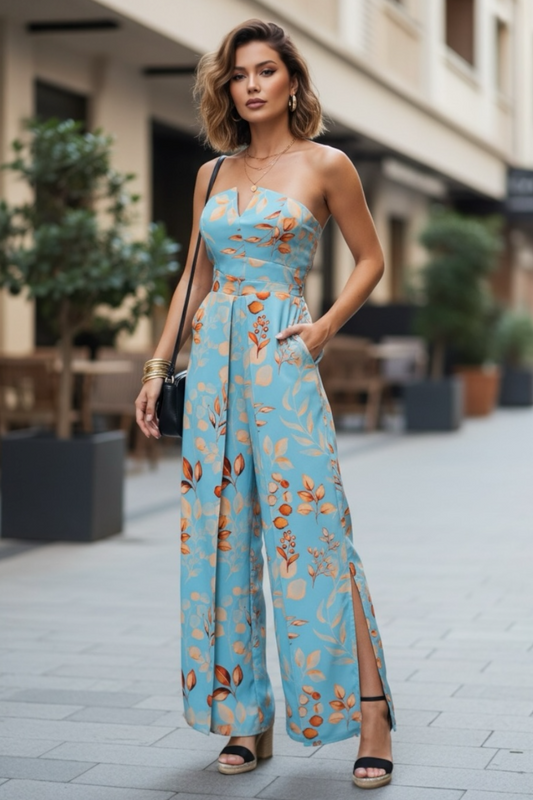 Jumpsuit aberturas strapless azul flores naranja