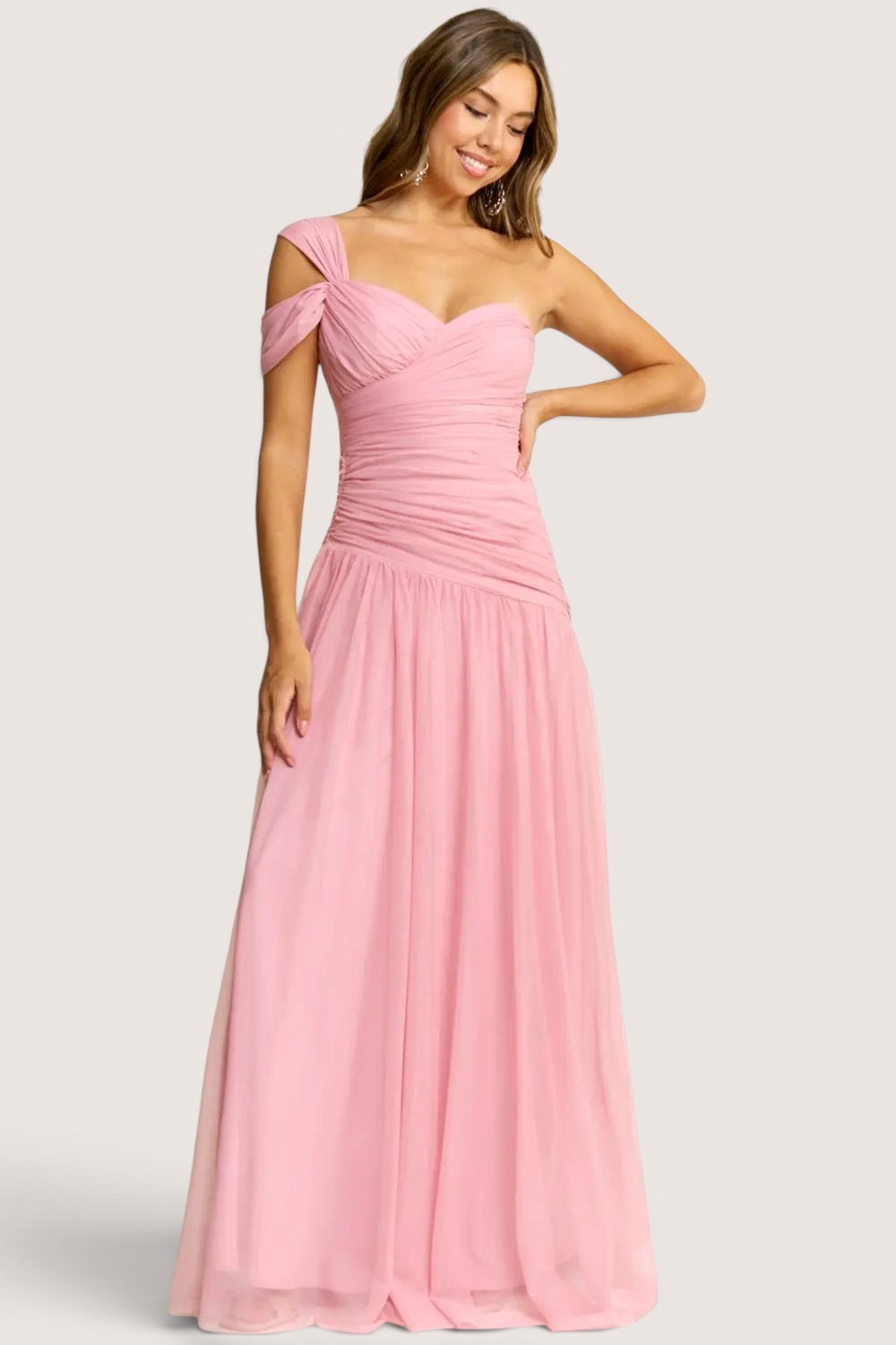 Vestido Largo Tul Un Hombro Drapeado