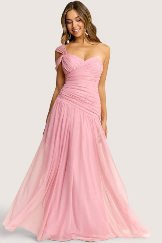 Vestido Largo Tul Un Hombro Drapeado