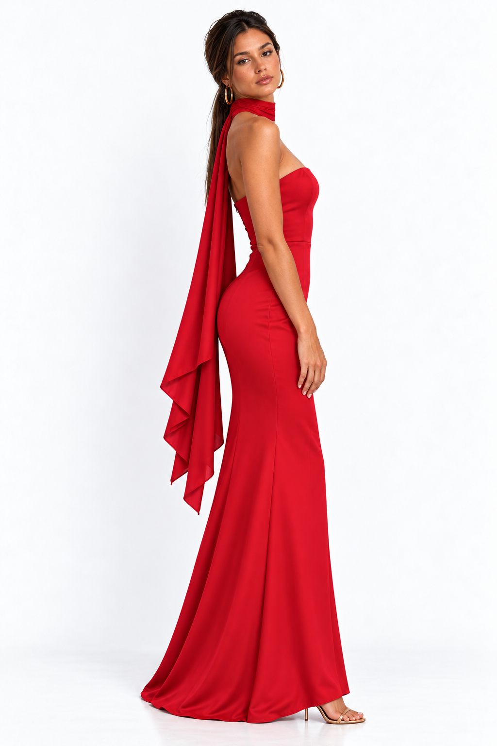 Vestido largo strapless falda sirena con mascada — Rojo