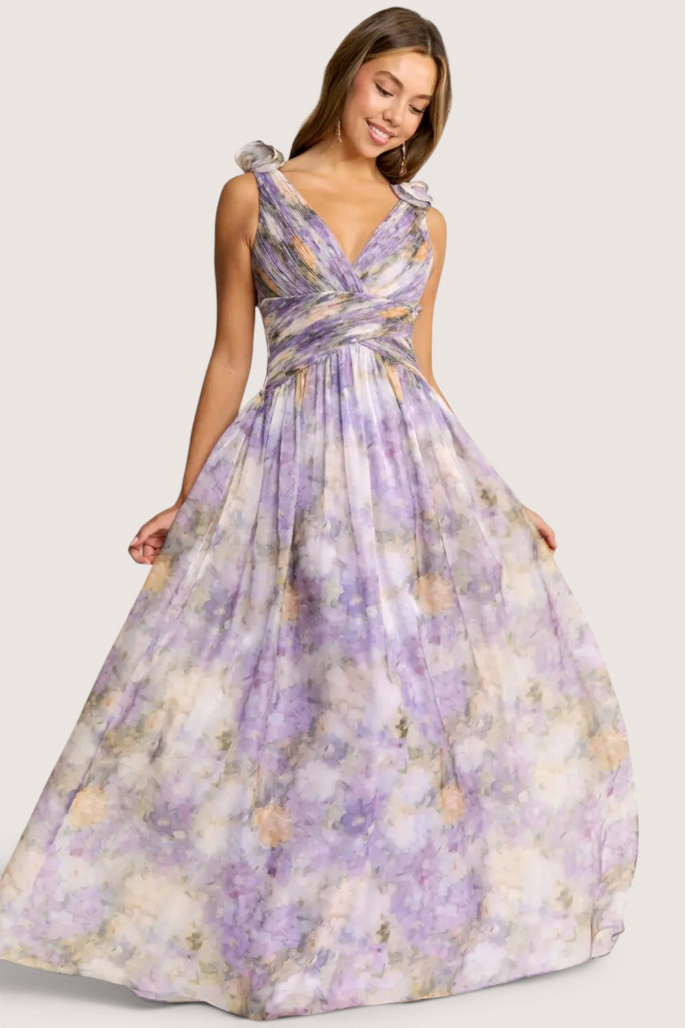 Vestido Largo Floral Lila con Espalda Corset