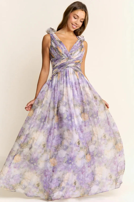 Vestido Largo Floral Lila con Espalda Corset