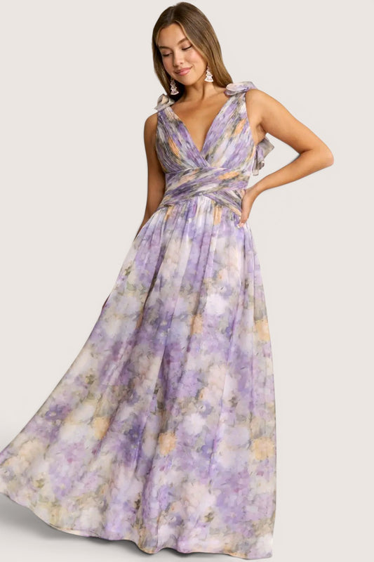 Vestido Largo Floral Lila con Espalda Corset