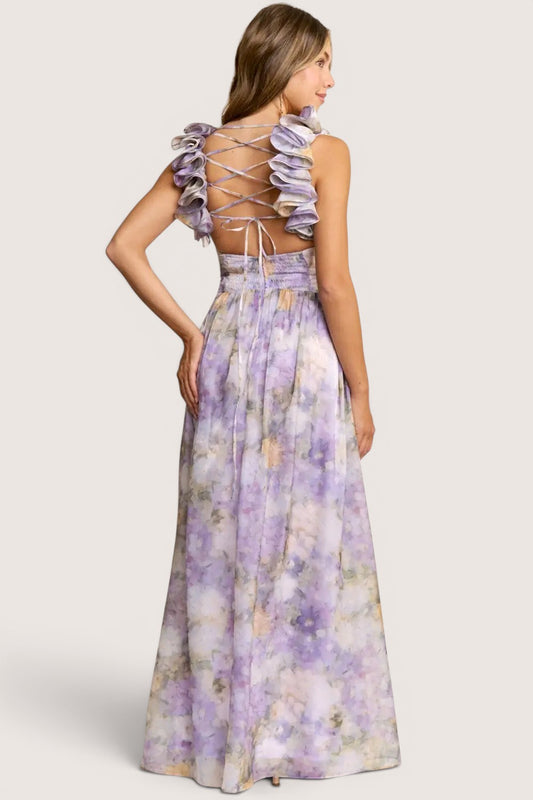 Vestido Largo Floral Lila con Espalda Corset
