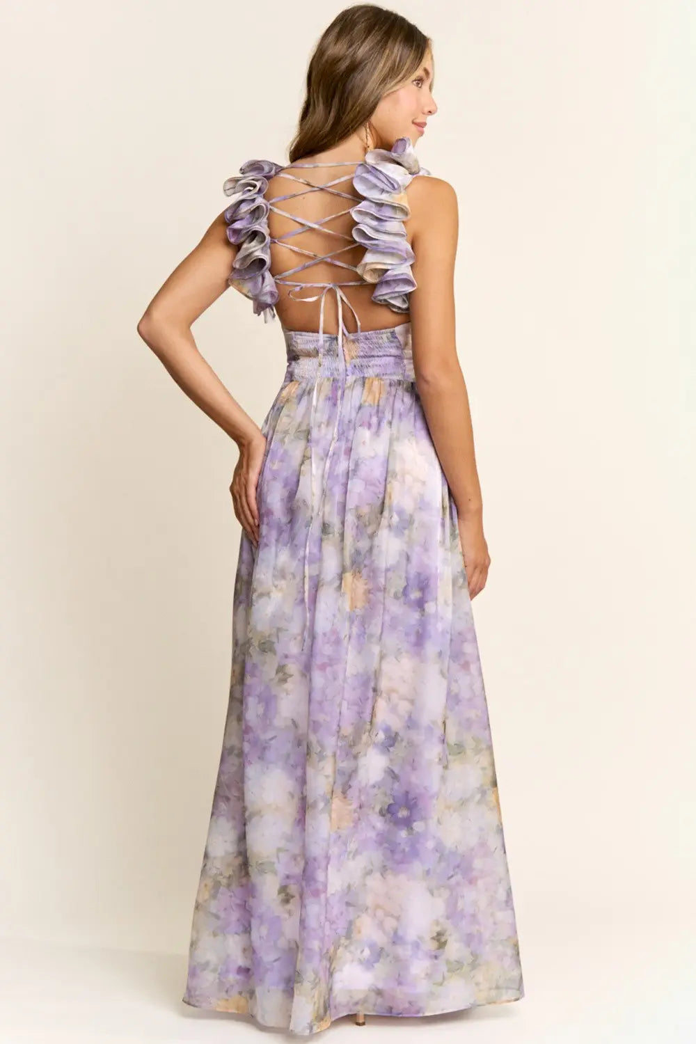 Vestido Largo Floral Lila con Espalda Corset