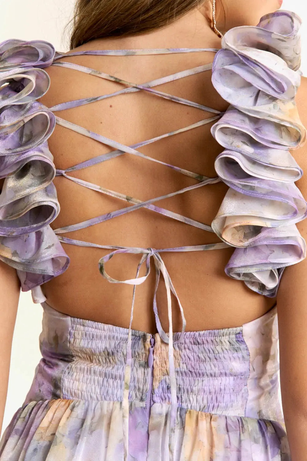 Vestido Largo Floral Lila con Espalda Corset