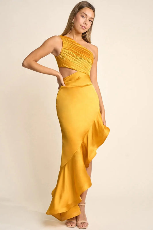 Vestido Largo Asimétrico Satín Mostaza | V260215