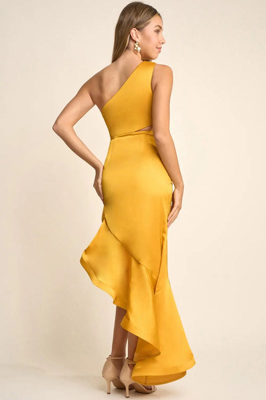 Vestido Largo Asimétrico Satín Mostaza | V260215
