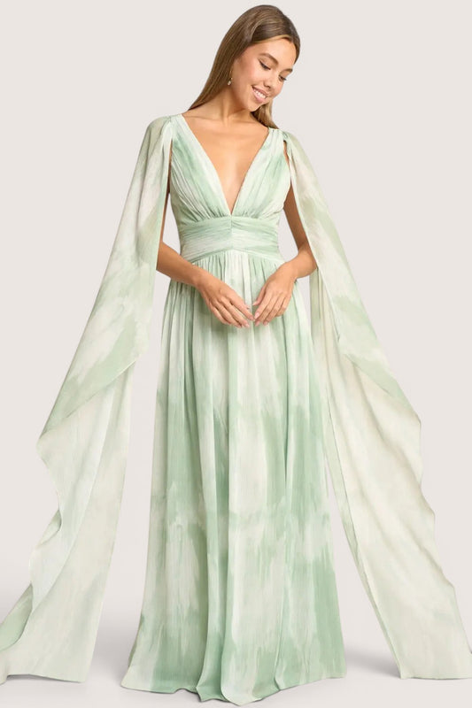Vestido Largo Verde Menta con Mangas Etéreas y Espalda Cruzada