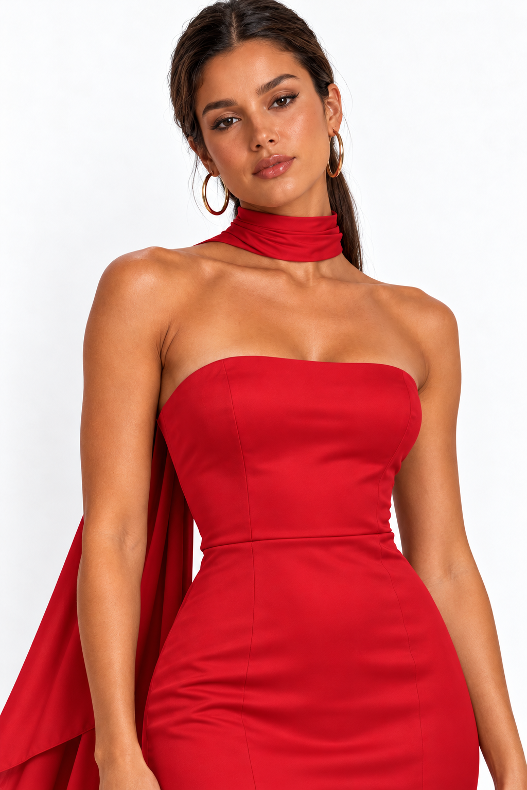 Vestido largo strapless falda sirena con mascada — Rojo