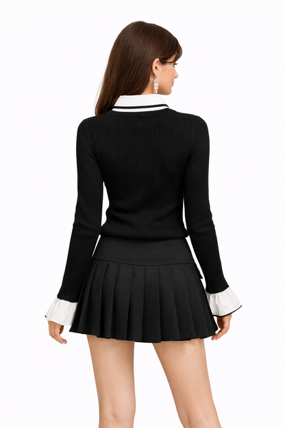 Set Blusa Tejida con Cuello Camisero y Falda Plisada Negra