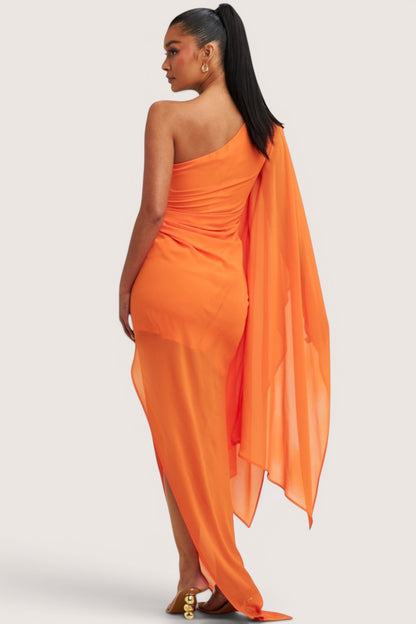 Vestido Vaporoso una Manga capa Naranja.