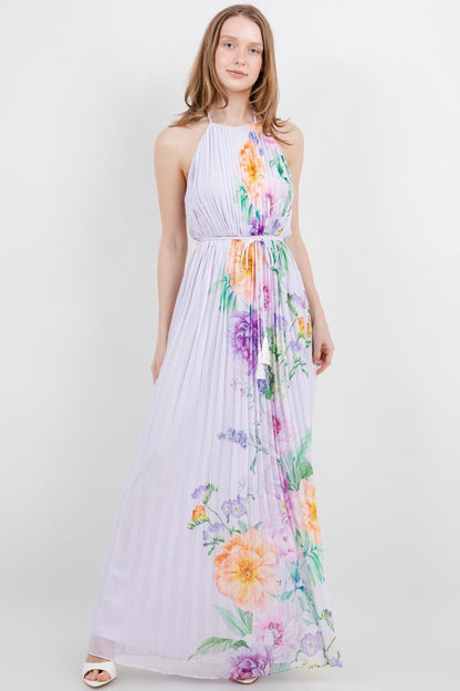 Vestido largo plisado halter floral