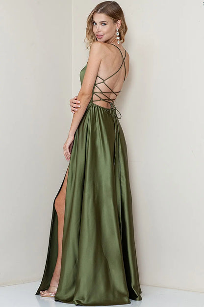 Vestido Largo en A Tul Escote V Olivo | V260219