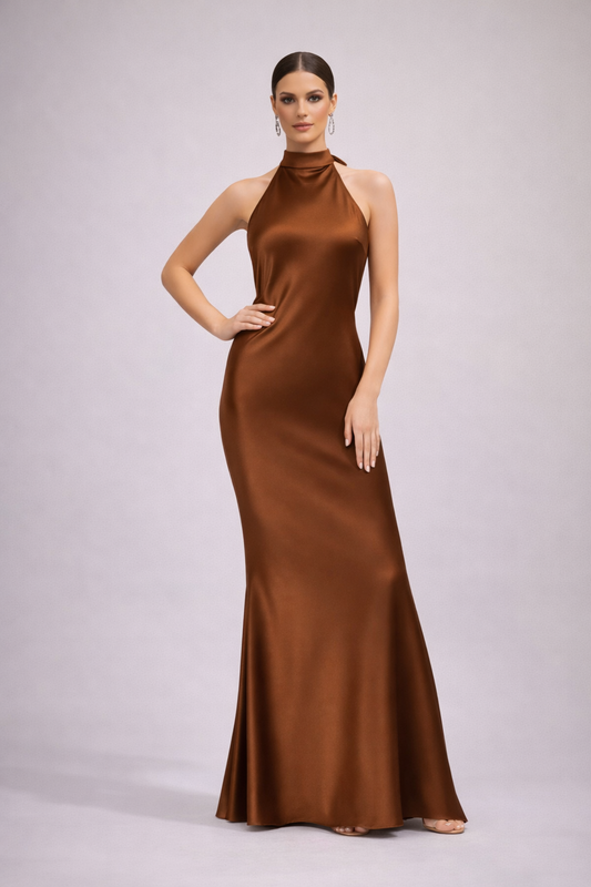 Vestido Largo Halter Satinado Café