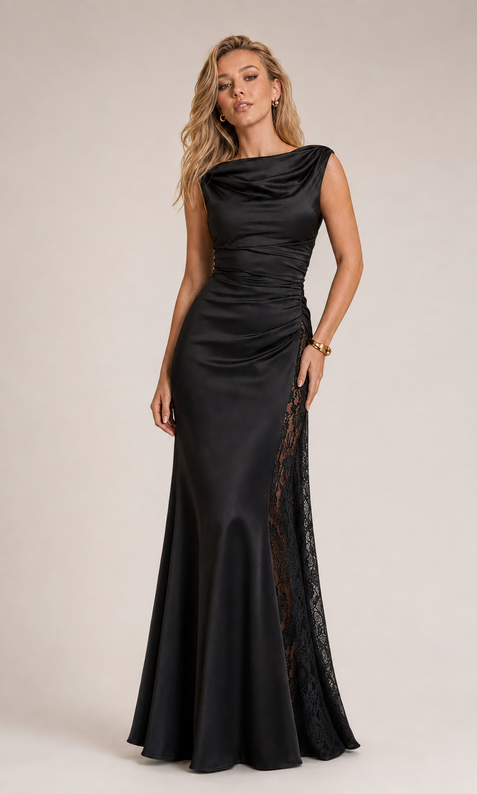 Vestido Saten Drapeado con Encaje Negro