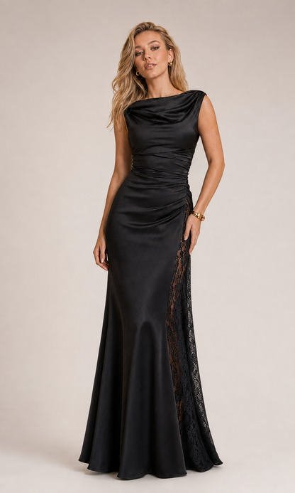 Vestido Saten Drapeado con Encaje Negro