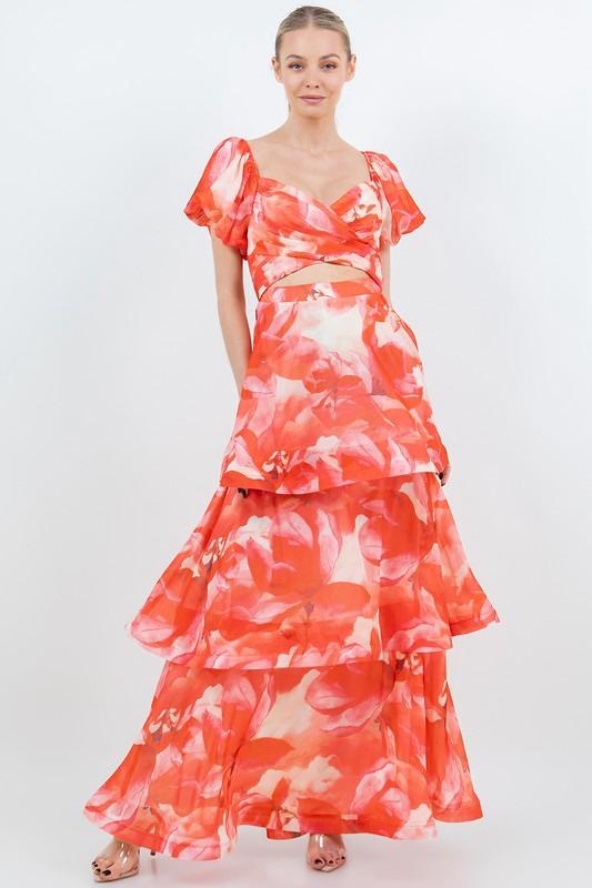 Vestido Largo Vaporoso falda capas Manga Corta Floral