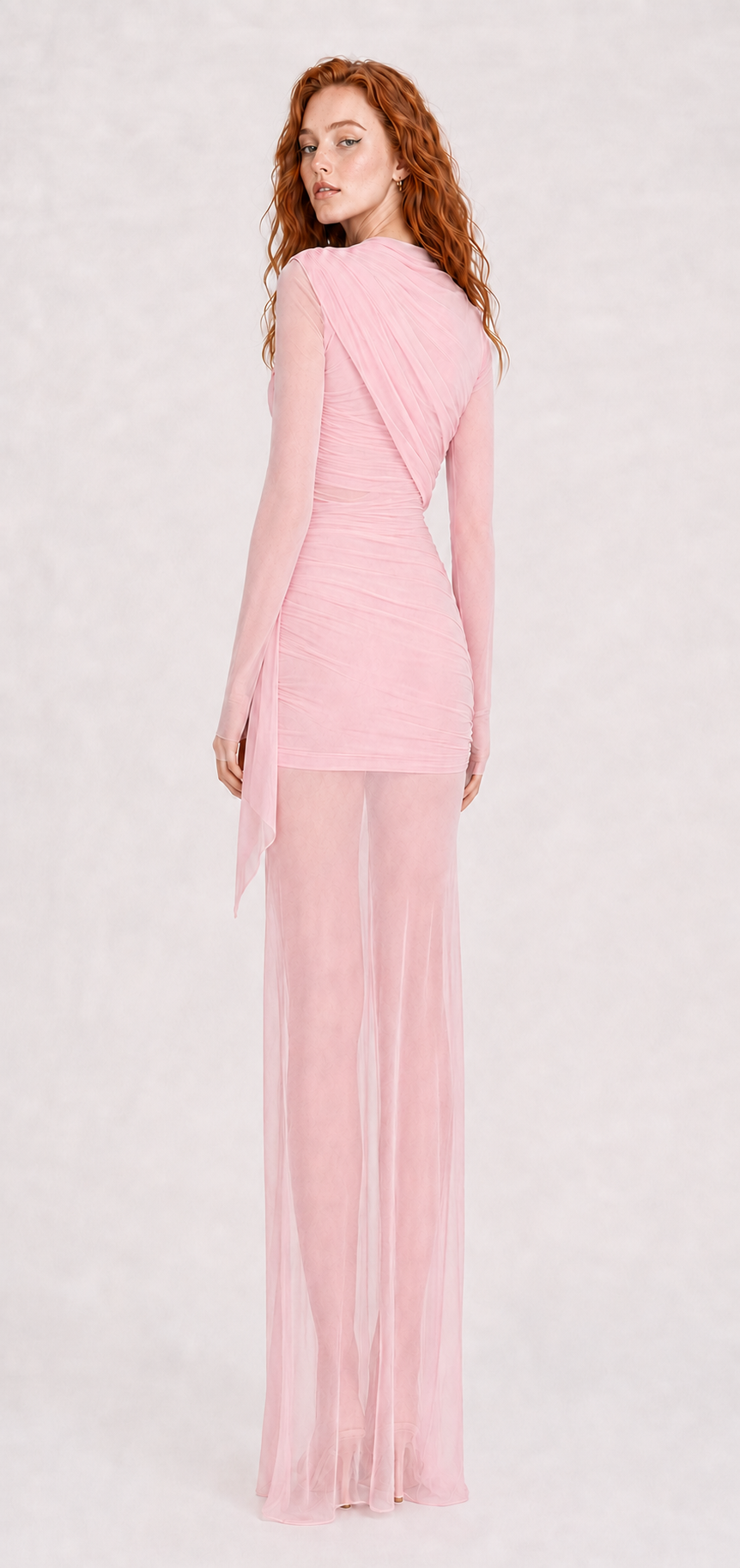 Vestido Fruncido con Capa Rosa
