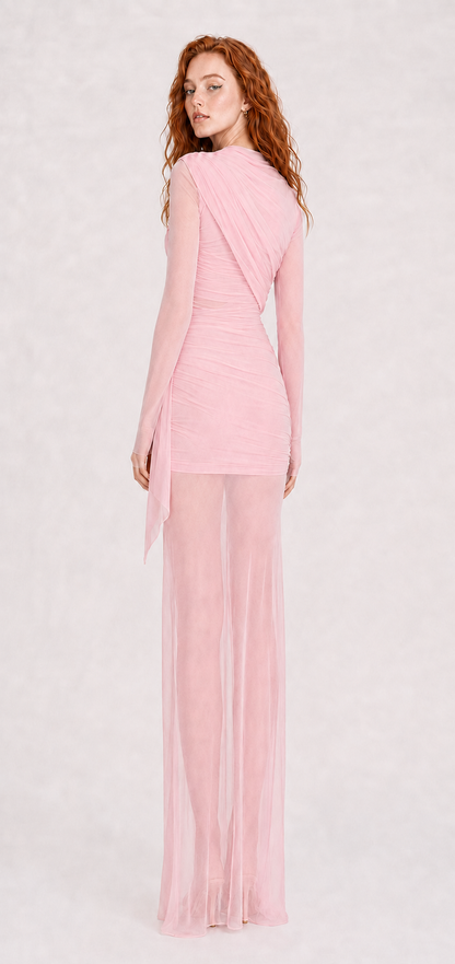 Vestido Fruncido con Capa Rosa