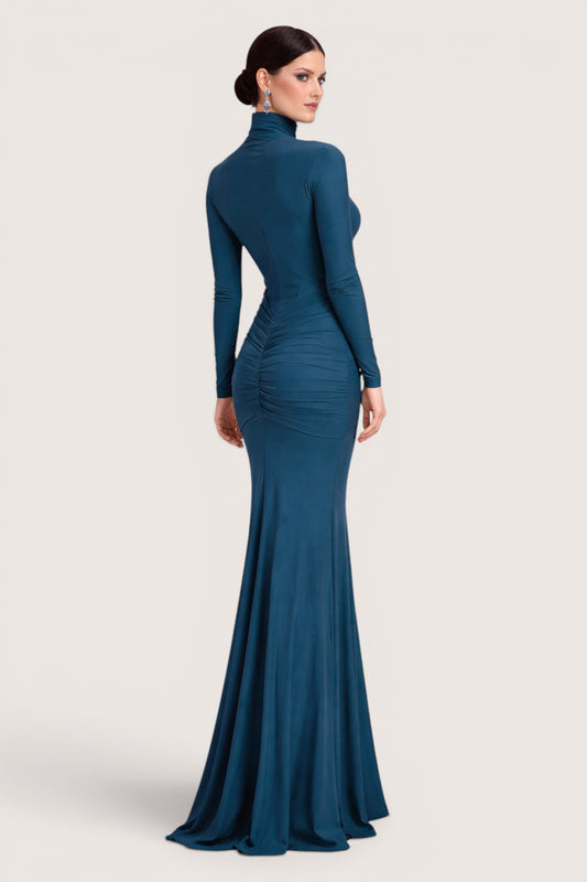 Vestido Aura Nudo Elegante – Cuello Alto & Manga Larga
