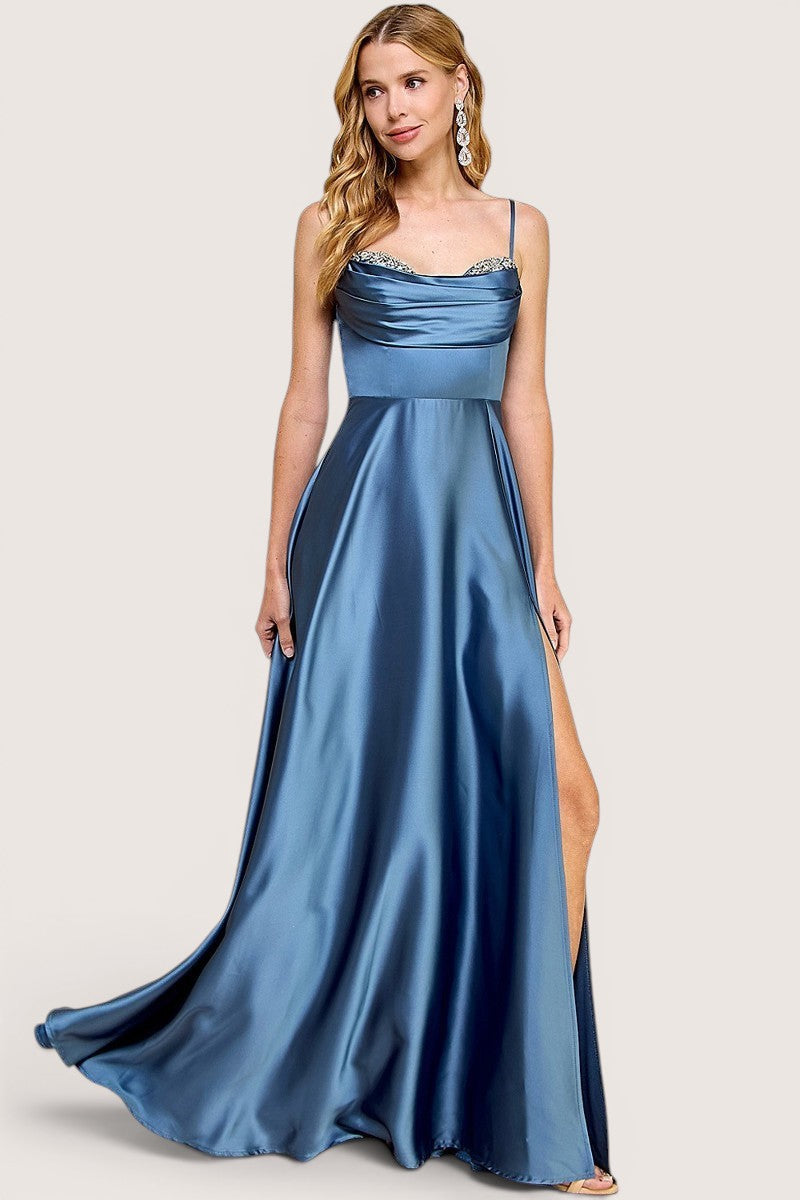 Vestido Largo en A com piedras en copas Azul acero