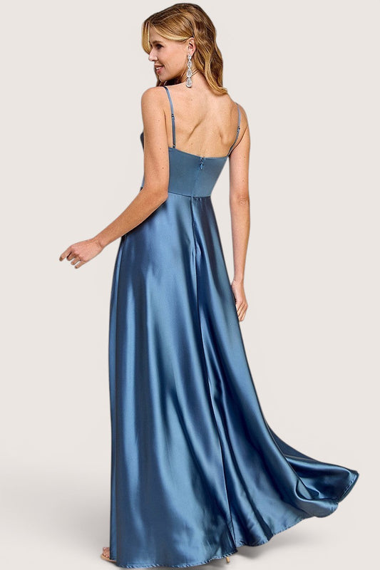 Vestido Largo en A com piedras en copas Azul acero