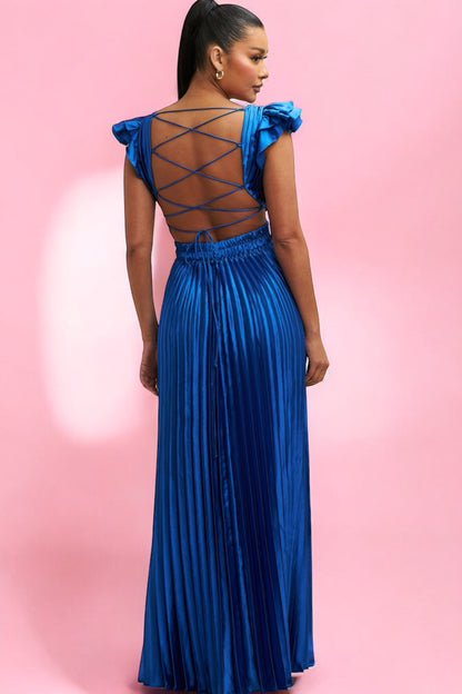 Vestido Largo Plisado Escote V Azul Rey