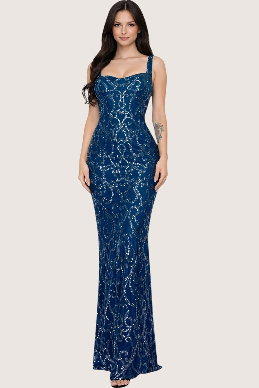 Vestido Largo Azul con Lentejuela  Entallado Tipo Sirena