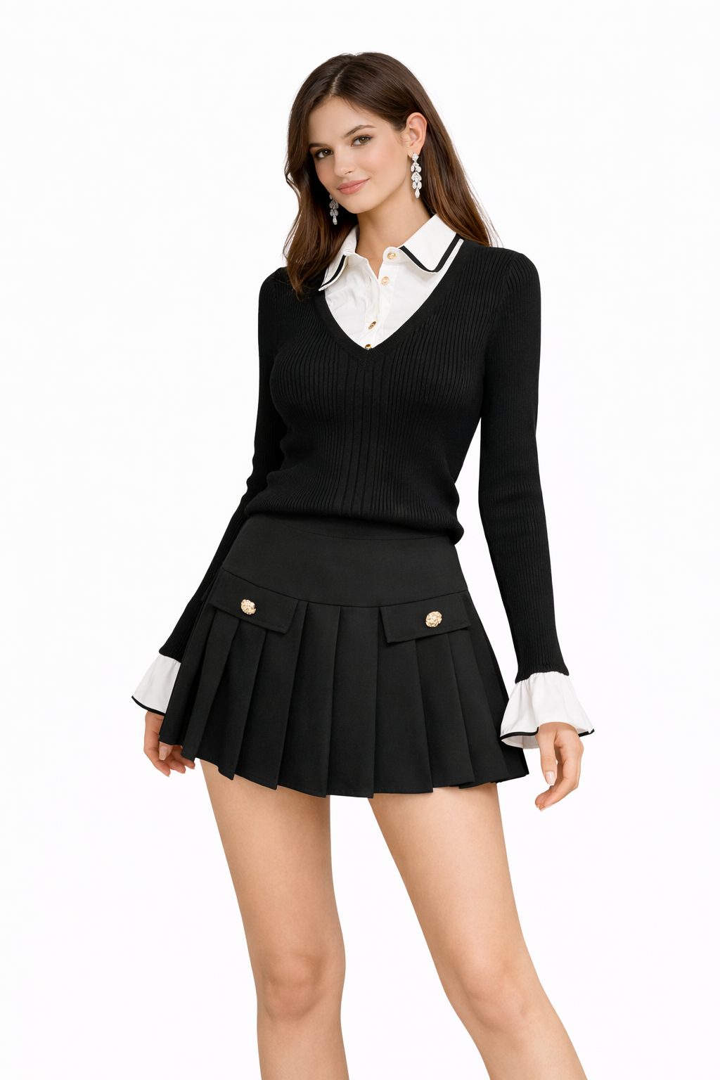 Set Blusa Tejida con Cuello Camisero y Falda Plisada Negra