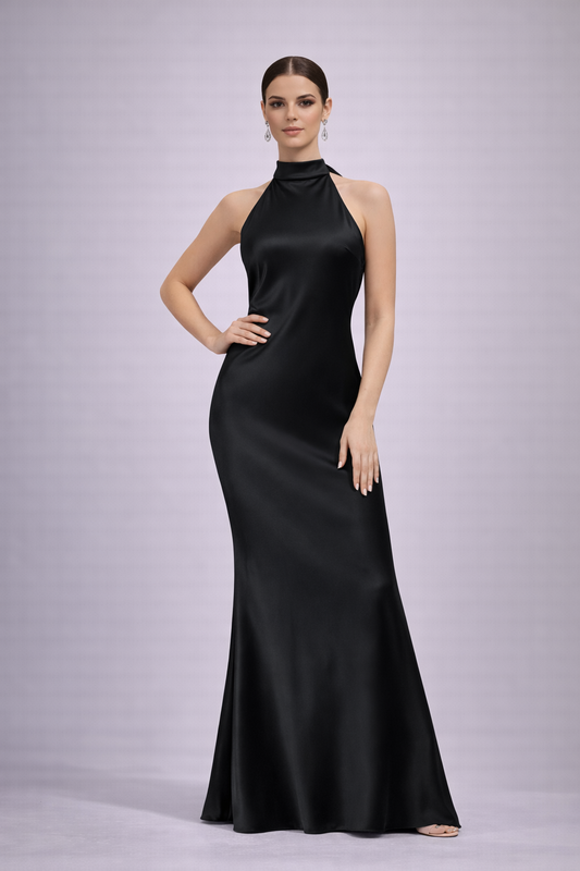 Vestido Largo Halter Satinado Negro