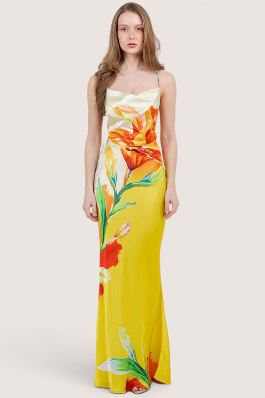 Vestido maxi amarillo floral tropical cowl drapeado - frente
