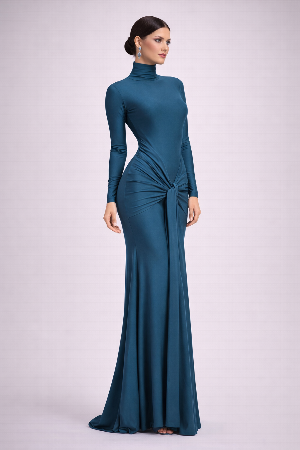 Vestido Aura Nudo Elegante – Cuello Alto & Manga Larga