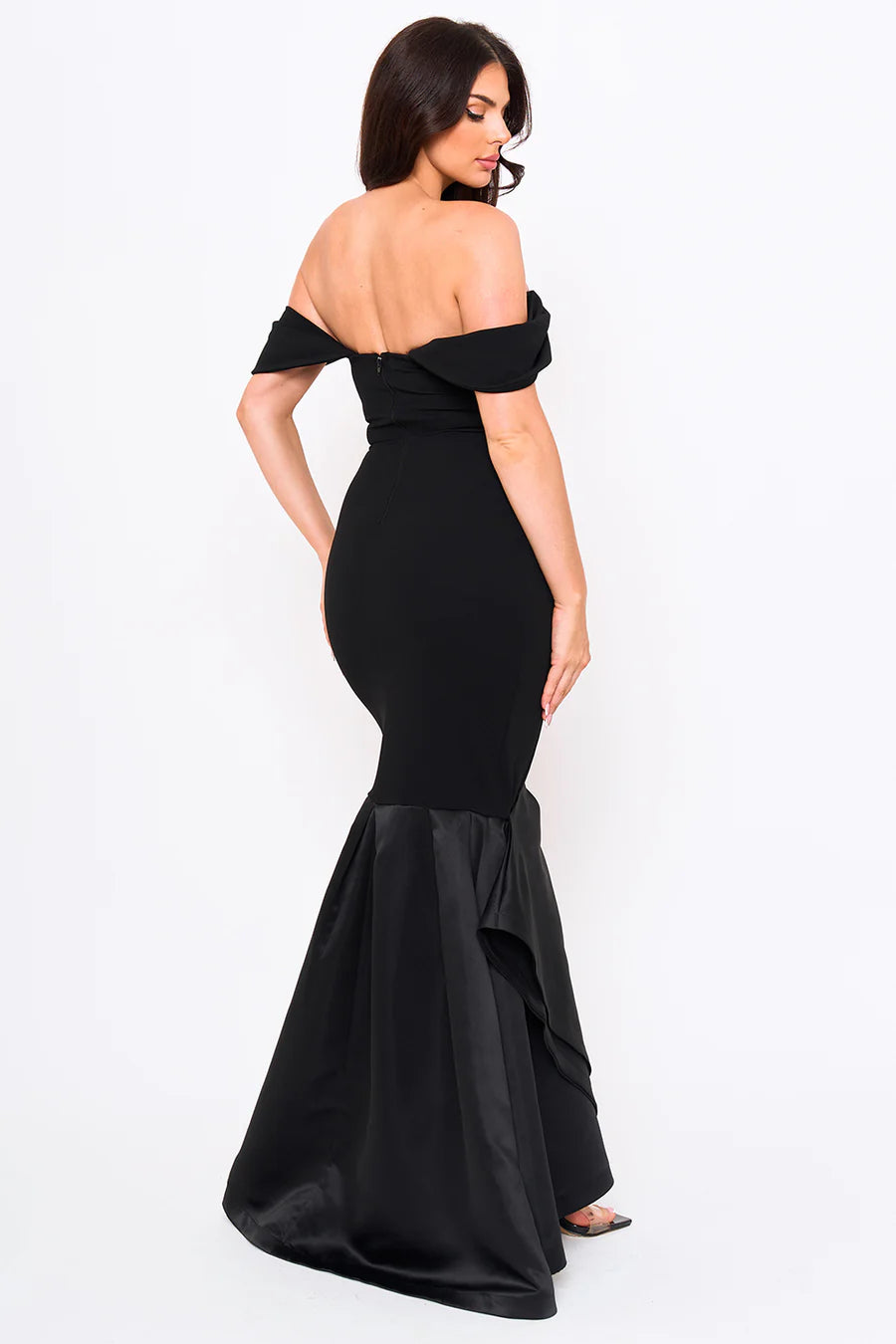 Vestido de Noche Off Shoulder con Detalle Satín