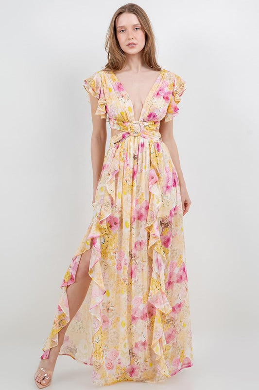Vestido Largo Escote V con hebilla amarillo Flores