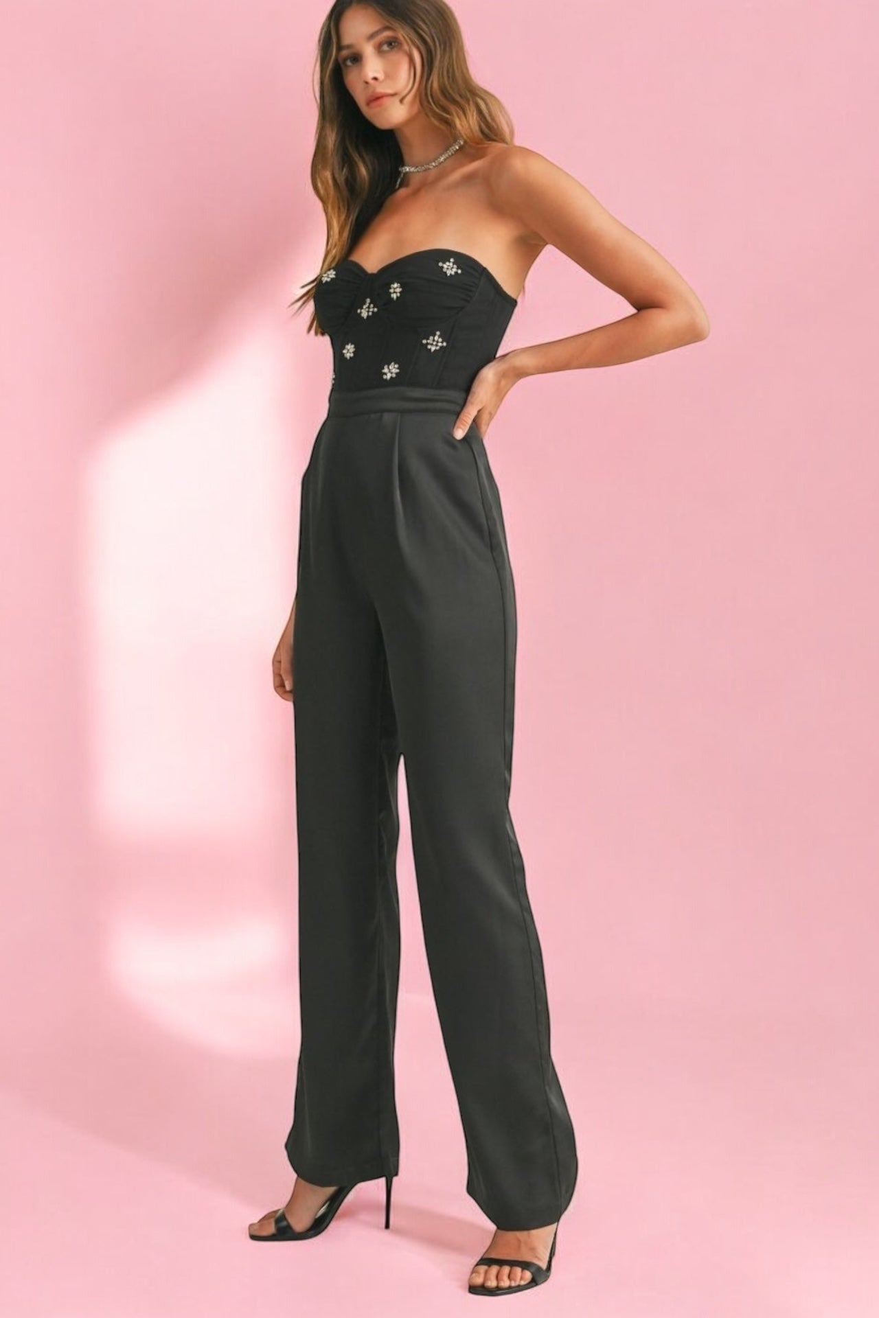 Jumpsuit Negro con Bustier pantalon satinad