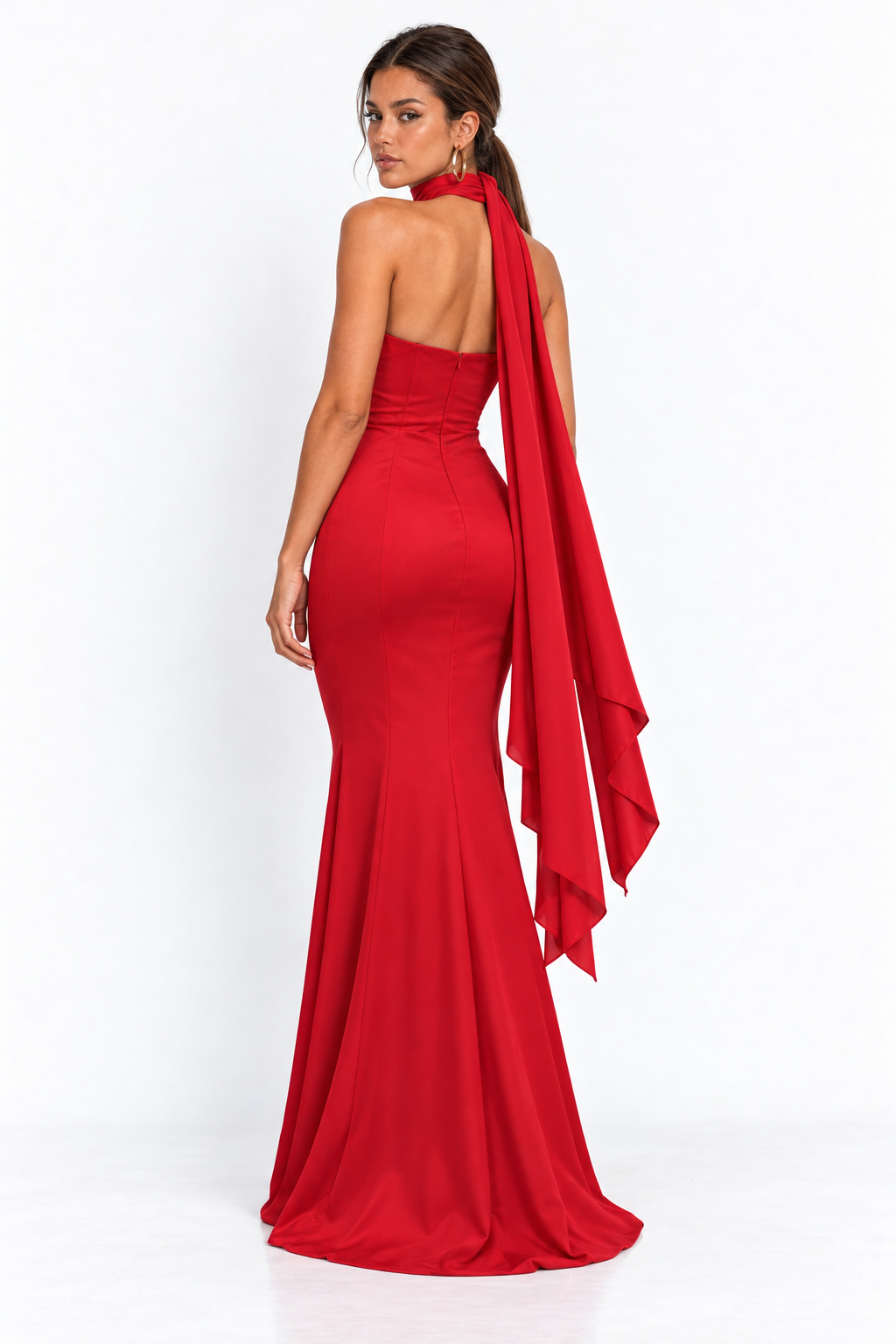 Vestido largo strapless falda sirena con mascada — Rojo