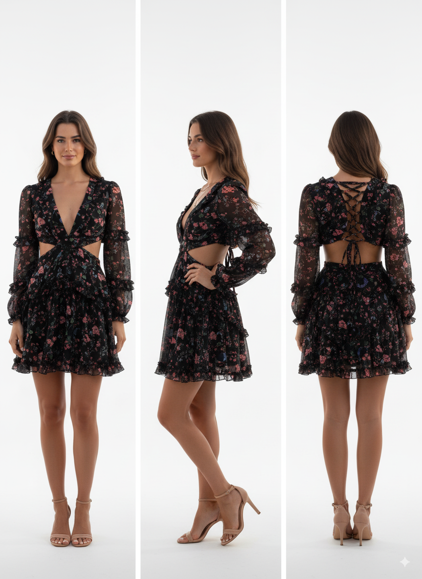 Vestido Vaporoso Escote V de Flores.