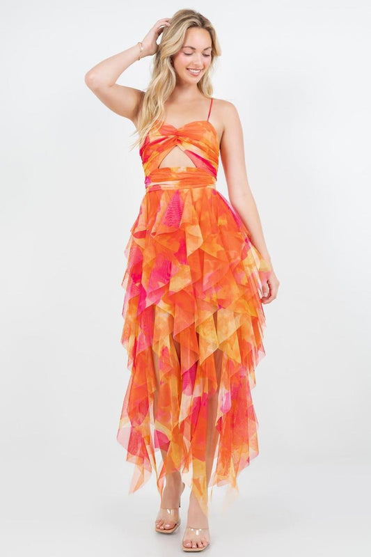 Vestido largo capas print multi naranja