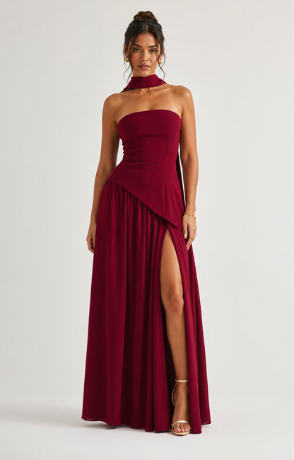 Vestido Strapless con Estola Vino