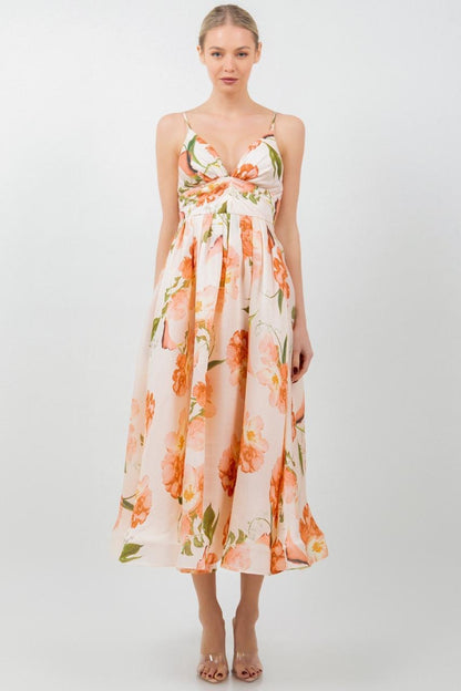Vestido Midi  floral escote V ivory