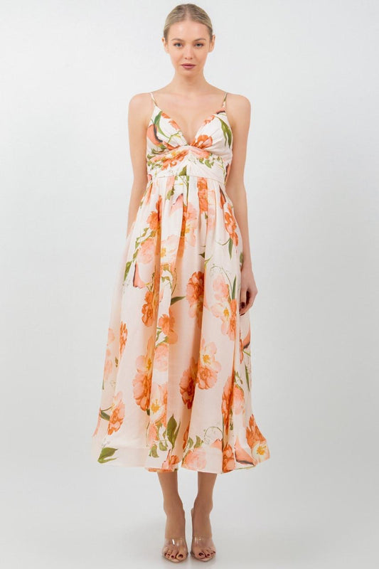 Vestido Midi  floral escote V ivory