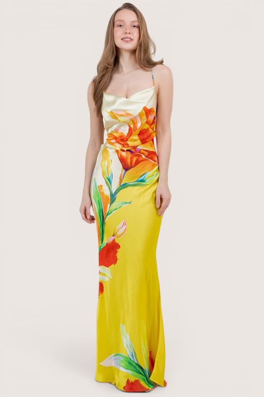 Vestido maxi amarillo floral - detalle del estampado