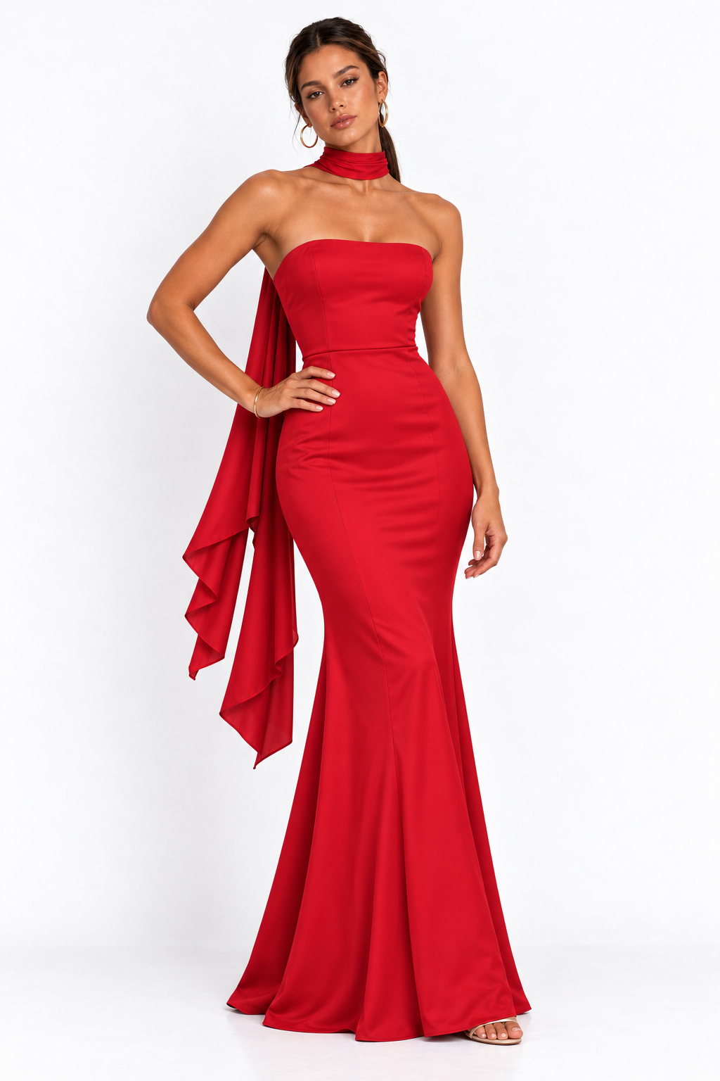 Vestido largo strapless falda sirena con mascada — Rojo