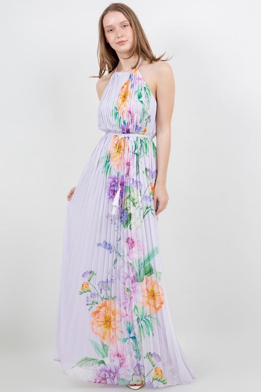Vestido largo plisado halter floral