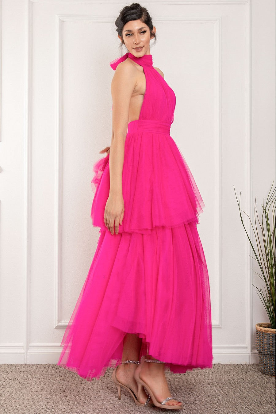 Vestido Largo Tul halter Falda Capas Fucsia