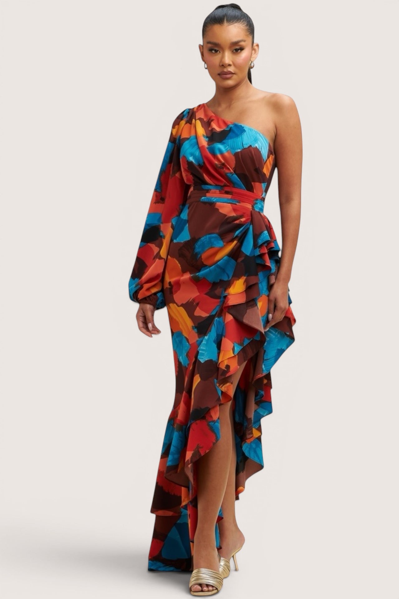Vestido satinado una manga Colores shedron
