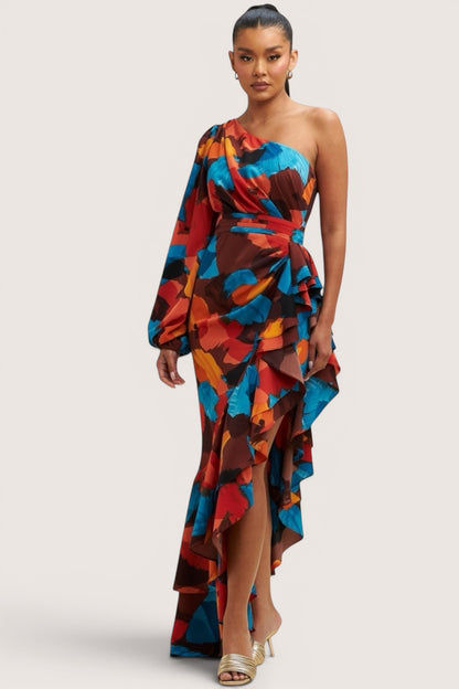 Vestido satinado una manga Colores shedron