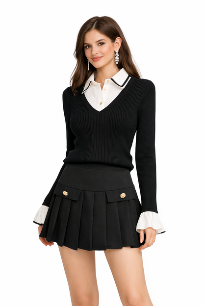 Set Blusa Tejida con Cuello Camisero y Falda Plisada Negra