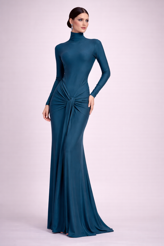 Vestido Aura Nudo Elegante – Cuello Alto & Manga Larga